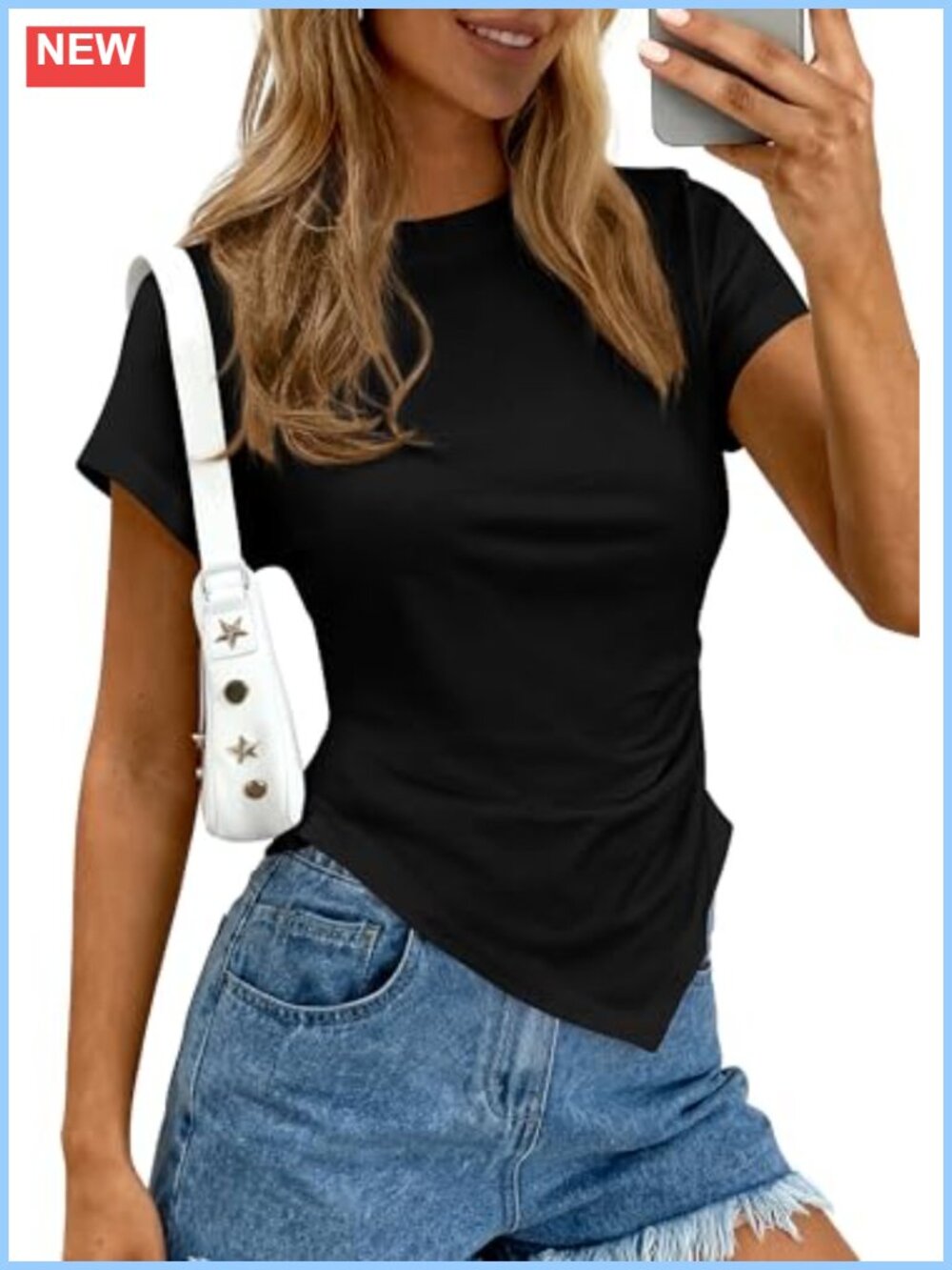 Cotton Blend Asymmetrical Crew Neck Short Sleeve Tee Top